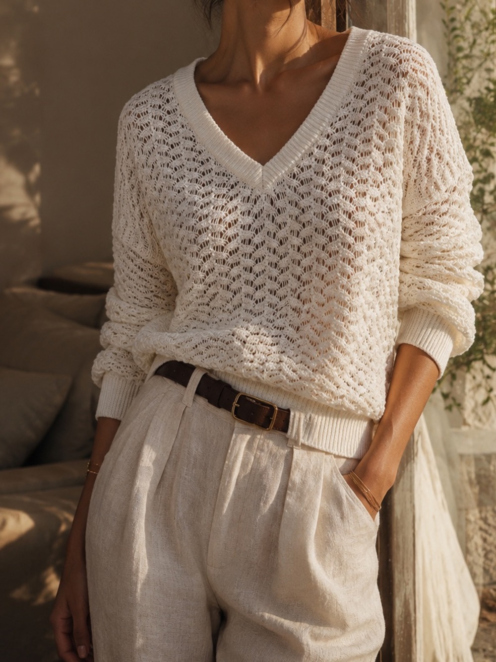 Old Navy Cream Crochet Knit Sweater | Boho Beachy Lightweight V-Neck Pullover